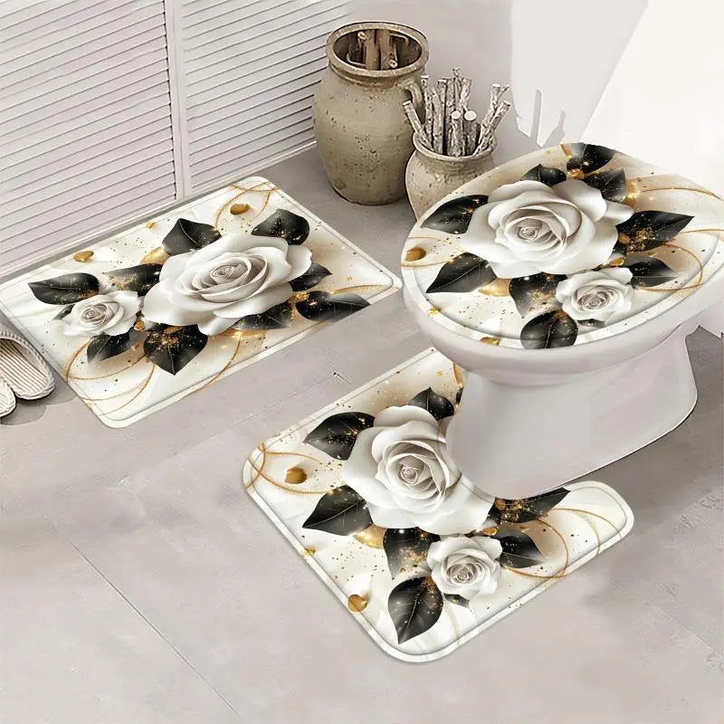 Gold Rose Animal Shower Curtain Set (1/4PCS) - 70.87x70.87in Polyester Hanging Garden Glam Bathroom Decor, Anti-Slip Waterproof White Gold Flowers Animals Set with Mat, U-Mat, Toilet Cover, 12 Hooks, Adjustable Foldable Art, Home Accessories, Sohochic