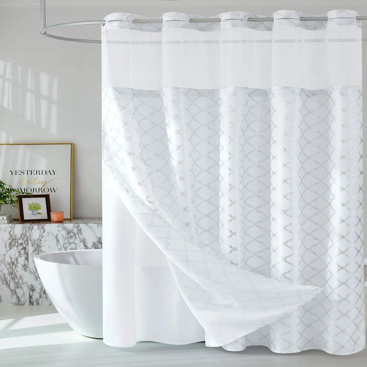 Luxury and Premium Hookless Shower Curtain with Snap-in Liner – Double Layer Spa Style Bathroom