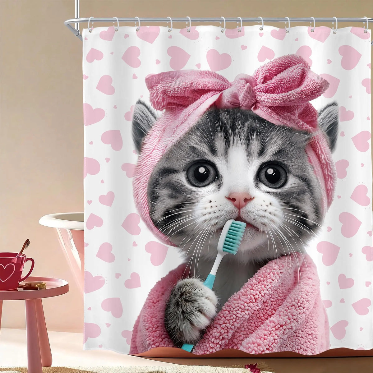 Funny Black Cat Shower Curtain - Cute Humorous Kitten On Toilet, Green Botanical Animal Artwork, Waterproof Polyester Cloth, Halloween/Birthday Bathroom Decor Set with Hooks, Water Resistant Animals Room Divider Curtain
