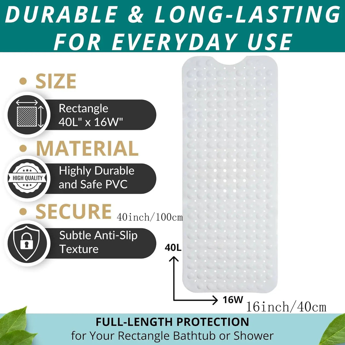 Large PVC Non-Slip Bath Mat 40x16 Inch (100x40 Cm), Multiple Colors Available, Ideal for Bathroom Home Car Hotel Use, Non Slip Mats