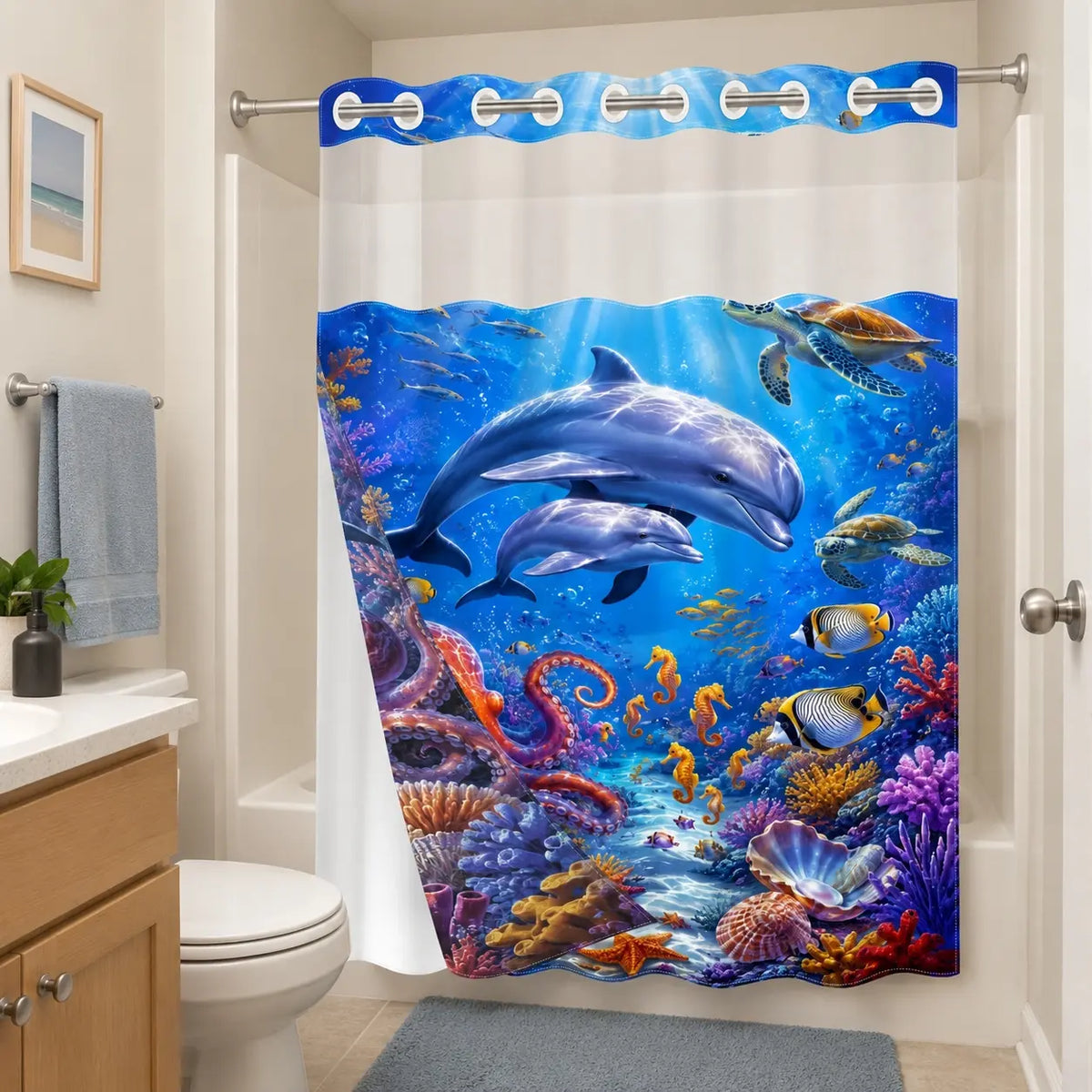 1 Pc Hookless Double Layer Shower Curtain, No Hook Shower Curtain, Underwater World Dolphin Print, Machine Washable Waterproof Mildew Resistant Fabric, Ocean Vibe Home Bathroom Decor, Removable Snap-in Liner, Bathroom Divider - 71"×74