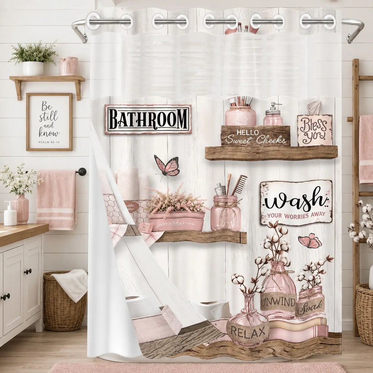 1Pc Double Layer Shower Curtain, Rustic Farmhouse Butterfly Print, Removable Snap-in Liner, Water Repellent Washable Fabric For Apartment Rental Bathtub Shower, 71x74 Inch, Shower Curtain No Hooks With Liner