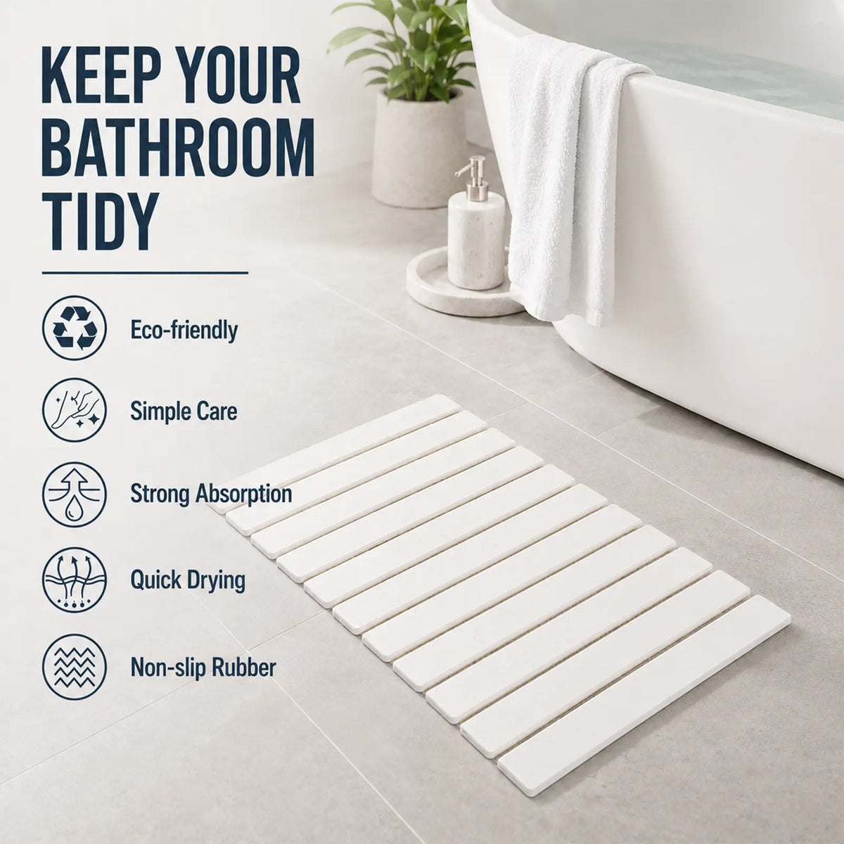 Large Slatted Minimalist Natural Stone Diatomaceous Earth Bath Mat - 24x16in Water Absorbent Quick-Dry Shower Rug, Heat Resistant, Durable, Eco-Friendly Bathroom Accessory, Box Packed, Sohochic