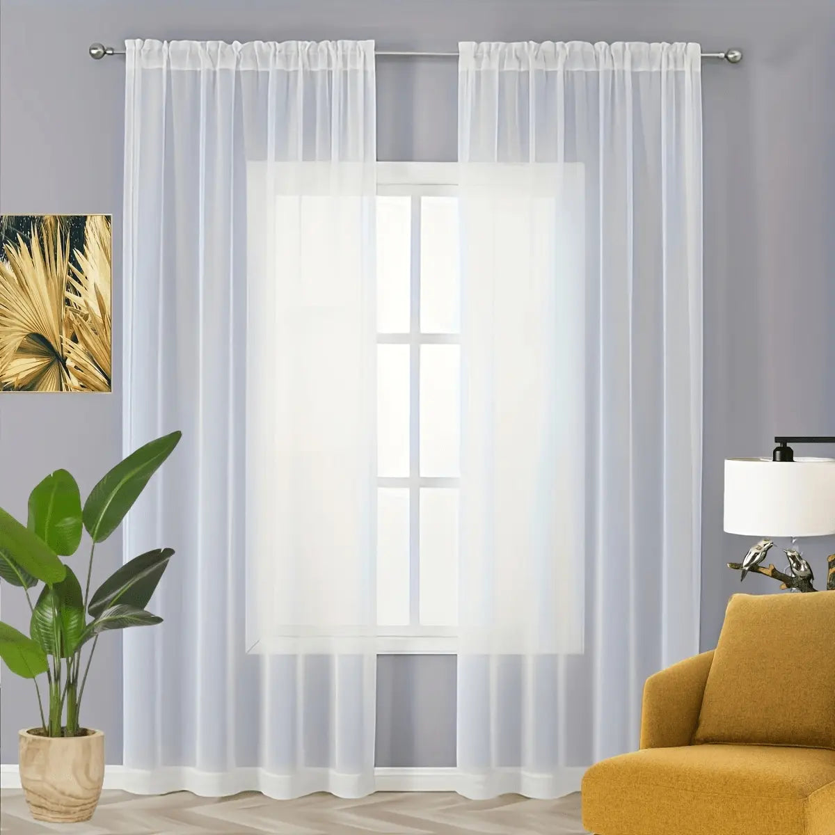 2pcs Solid Sheer Curtain, 2pcs Solid Rod Pocket Top Draperies For Living Room & Bedroom, Window Treatment For Bedroom Living Room Decor