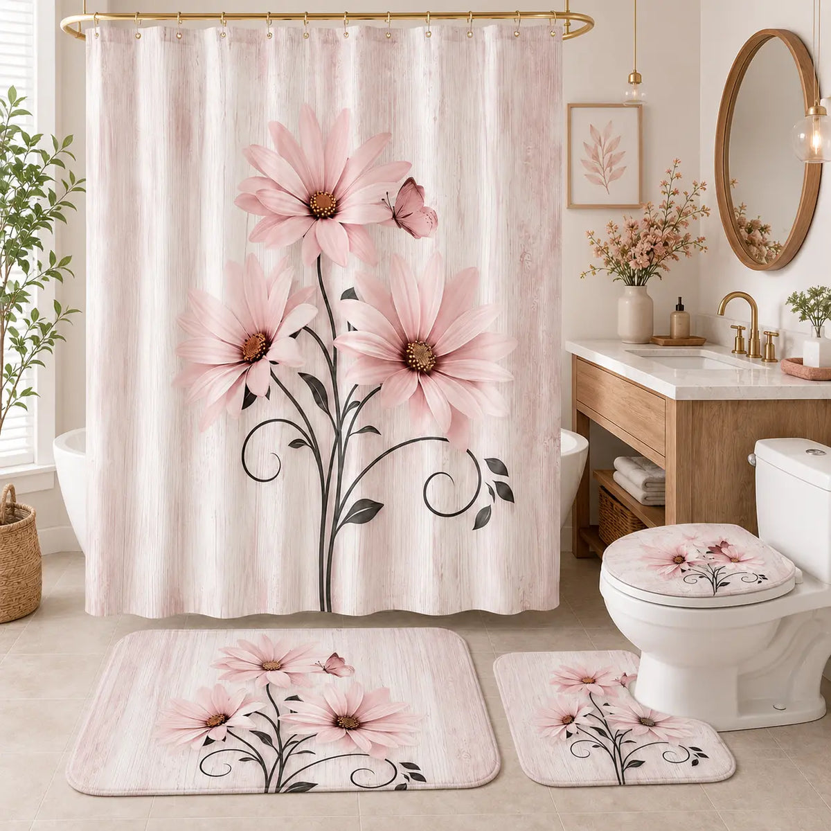 4-Piece  Pink Country Farmhouse Shower Curtain Set with Shower Curtain, Mat, and Accessories; Waterproof Decorative Bathroom Shower Curtain Set with 12 Hooks, 72 x 72 in
