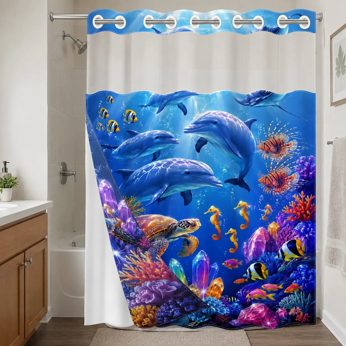 1 Pc Hookless Double Layer Shower Curtain, No Hook Shower Curtain, Underwater World Dolphin Print, Machine Washable Waterproof Mildew Resistant Fabric, Ocean Vibe Home Bathroom Decor, Removable Snap-in Liner, Bathroom Divider - 71"×74