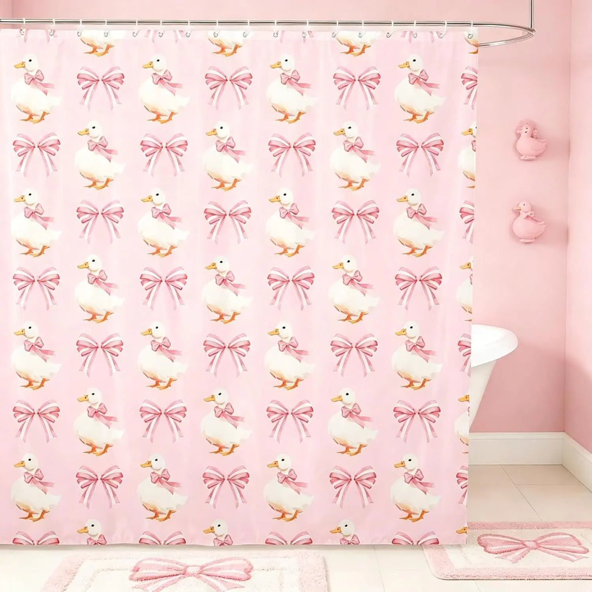 Feelyou Fun Bow Tie Bow Pink Cute Goose Shower Curtain, 1-Piece Waterproof Polyester Bathroom Accessory, for Gym, School Bathtub Stall, 72"x72" Home Bathroom Decor