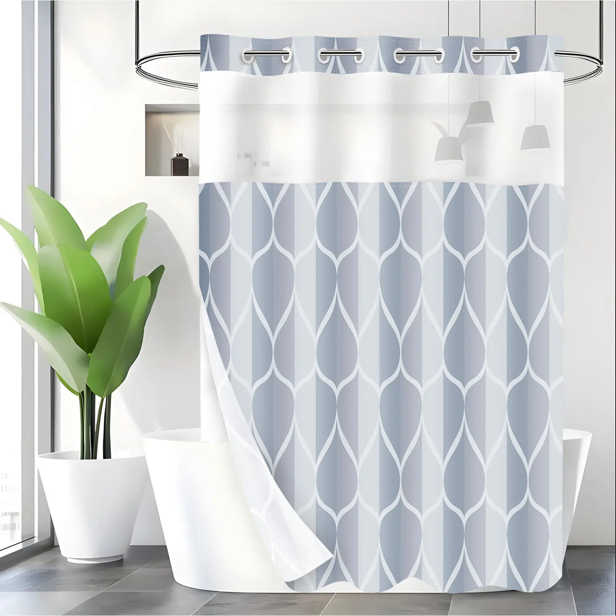 LVRLVR 1pc Grey Blue Geometric Printed Shower Curtain, Modern Ogee Print, Sheer Top Window, Detachable Liner & No Hook C-Ring, 70.8" x 74"