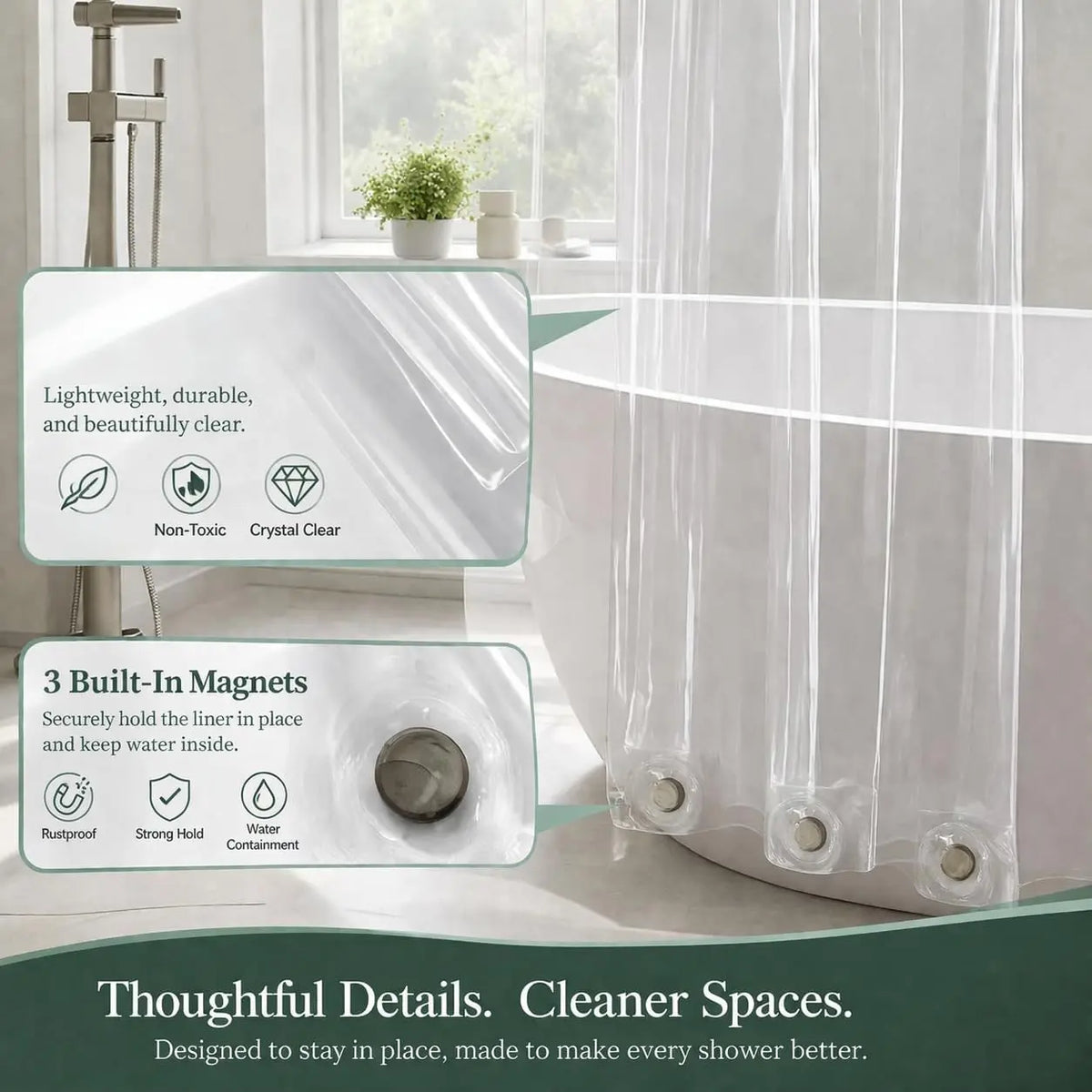 Sohochic PEVA Plastic Lightweight Waterproof Resistant Shower Curtain Liner, 72x72in No Chemical Smell, 12 Rust-Proof Metal Grommets for Straight Traditional Bathroom Installation, Easy-to-Hang Accessory for Bathrooms, Campers, Hotels, Hook