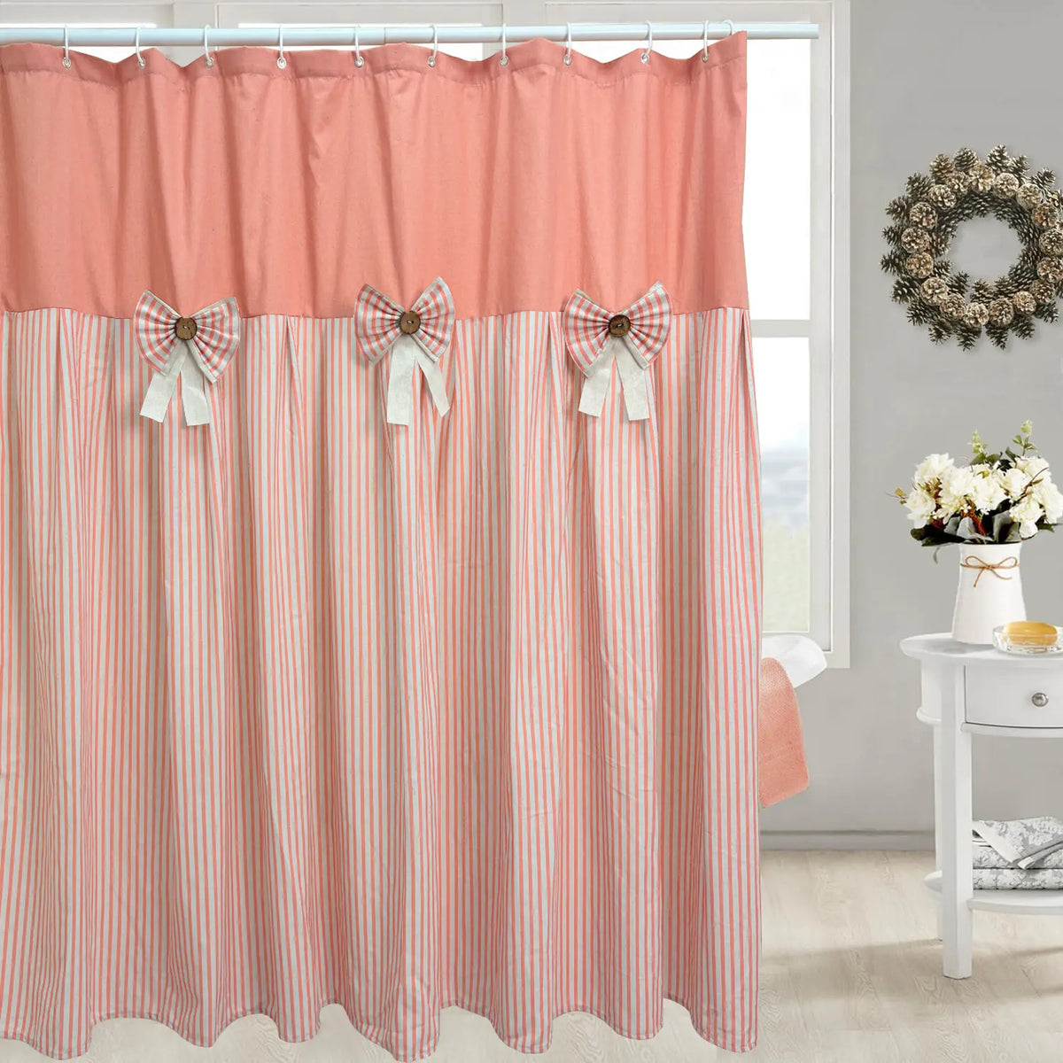 Rustic Farmhouse Shower Curtain - Striped Bottom, Bow Detail, Pattern Design for Cozy Bathroom Decor, Farmhouse Shower Curtains,sohochic