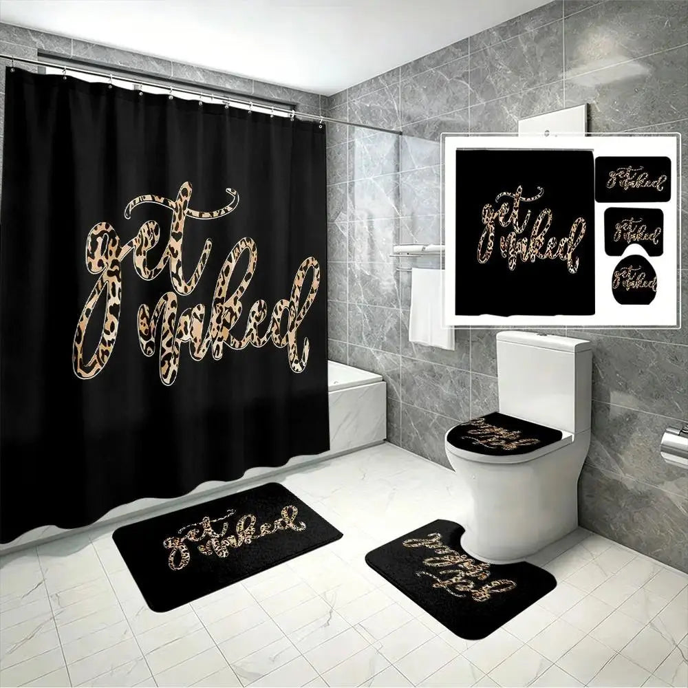 1/4pcs Fashion Glam Leopard Print Animals Polyester Bathroom Curtain Combo Set - Black Background "Get Naked" Sassy Quote, Thick-Soft Floor Mat, Shower Curtain Cloth, Softness for Festive Bathroom Decor