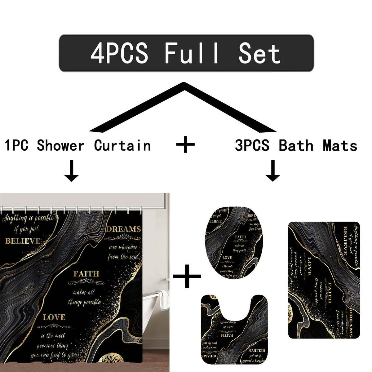 Letter and Black Marble Pattern Bathroom Set, 4 Counts/set Non-Slip Bath Mat, Toilet Lid Mat, U-Shaped Contour Rug and Waterproof Shower Curtain with Hooks, Home Bathroom Decor and Accessories