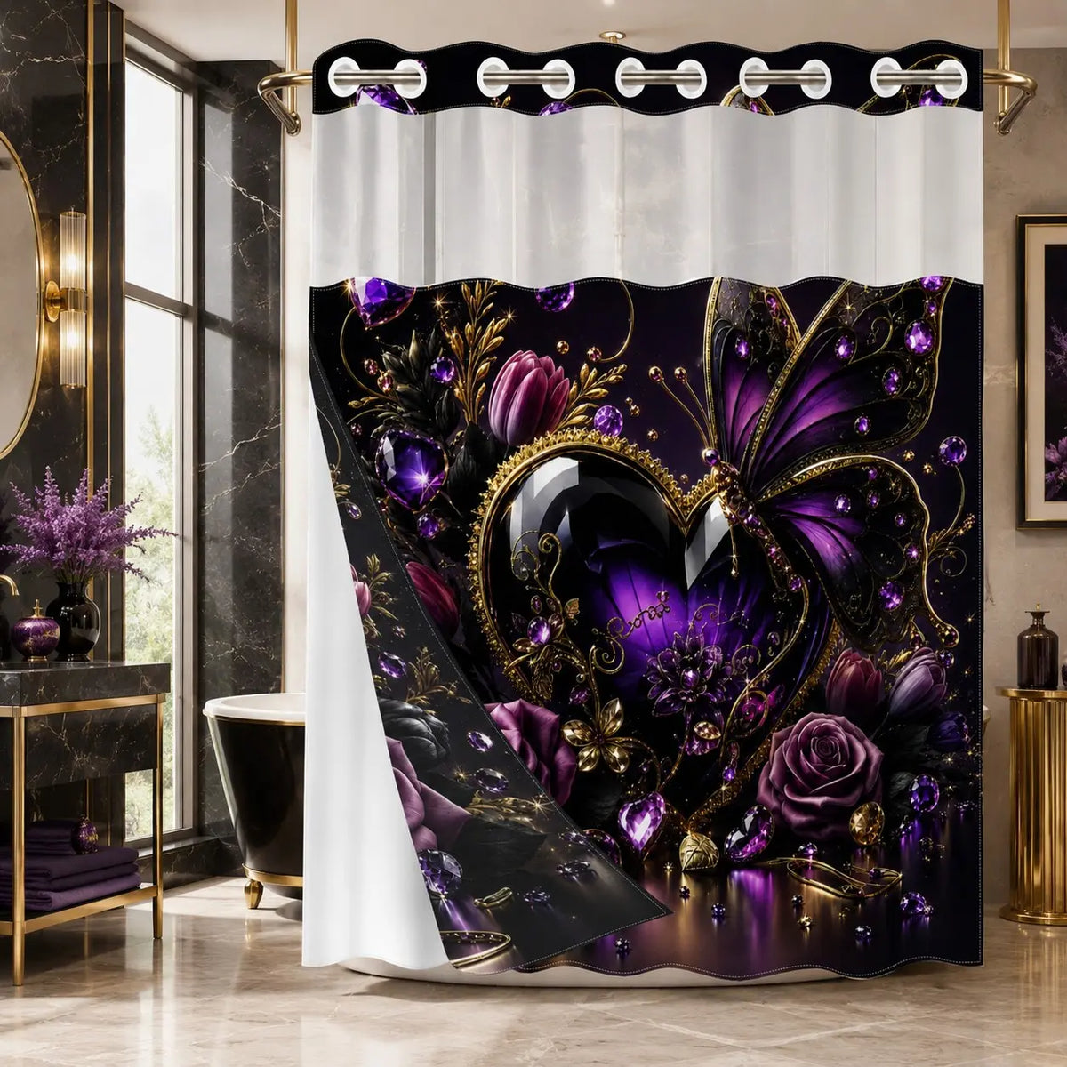 No Hooks Black Gold Heart Floral Shower Curtain with Snap-In Liner, Double-Layer Waterproof Fabric, Sheer Mesh Top, Removable White Liner, Floral Shower Curtains For Bathroom, Baroque Bathroom Decor, Bathroom Accessories, 72x75in