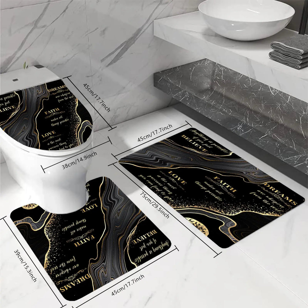 Letter and Black Marble Pattern Bathroom Set, 4 Counts/set Non-Slip Bath Mat, Toilet Lid Mat, U-Shaped Contour Rug and Waterproof Shower Curtain with Hooks, Home Bathroom Decor and Accessories
