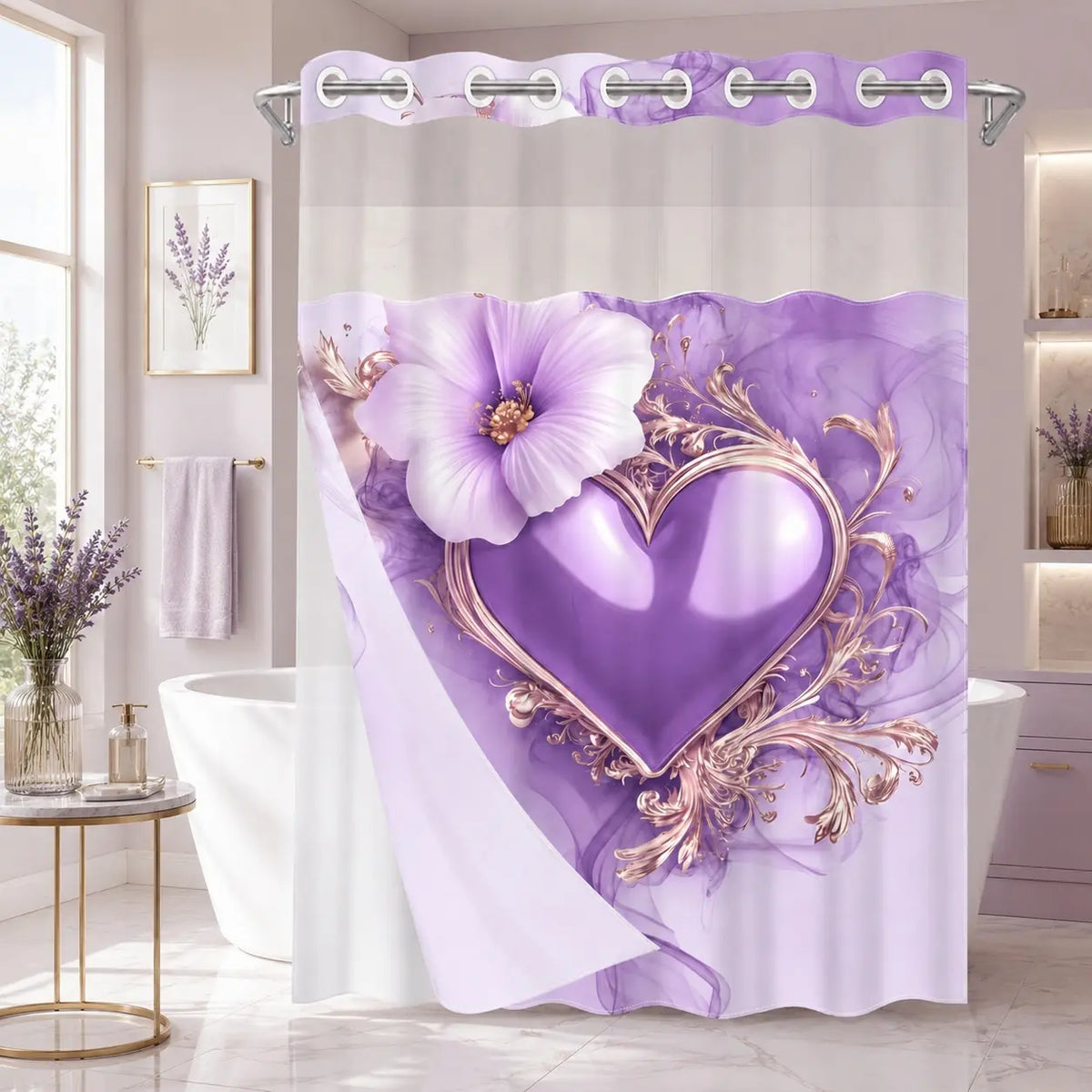 No Hooks Black Gold Heart Floral Shower Curtain with Snap-In Liner, Double-Layer Waterproof Fabric, Sheer Mesh Top, Removable White Liner, Floral Shower Curtains For Bathroom, Baroque Bathroom Decor, Bathroom Accessories, 72x75in