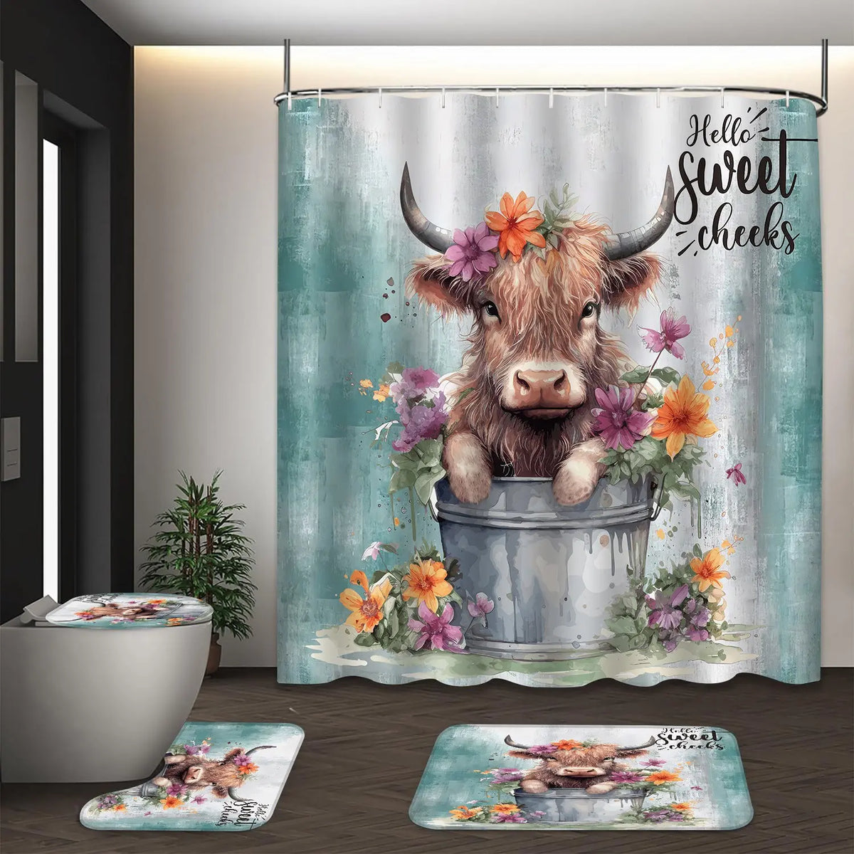 Plaid & Letter Pattern 4pcs Non-slip Bathroom Decoration Set, Including Bath Curtain, Toilet Lid Mat & Bath Mat, Bathroom Supplies, Home Goods, Bathroom Decoration Accessories, Bathroom Decor And Accessories