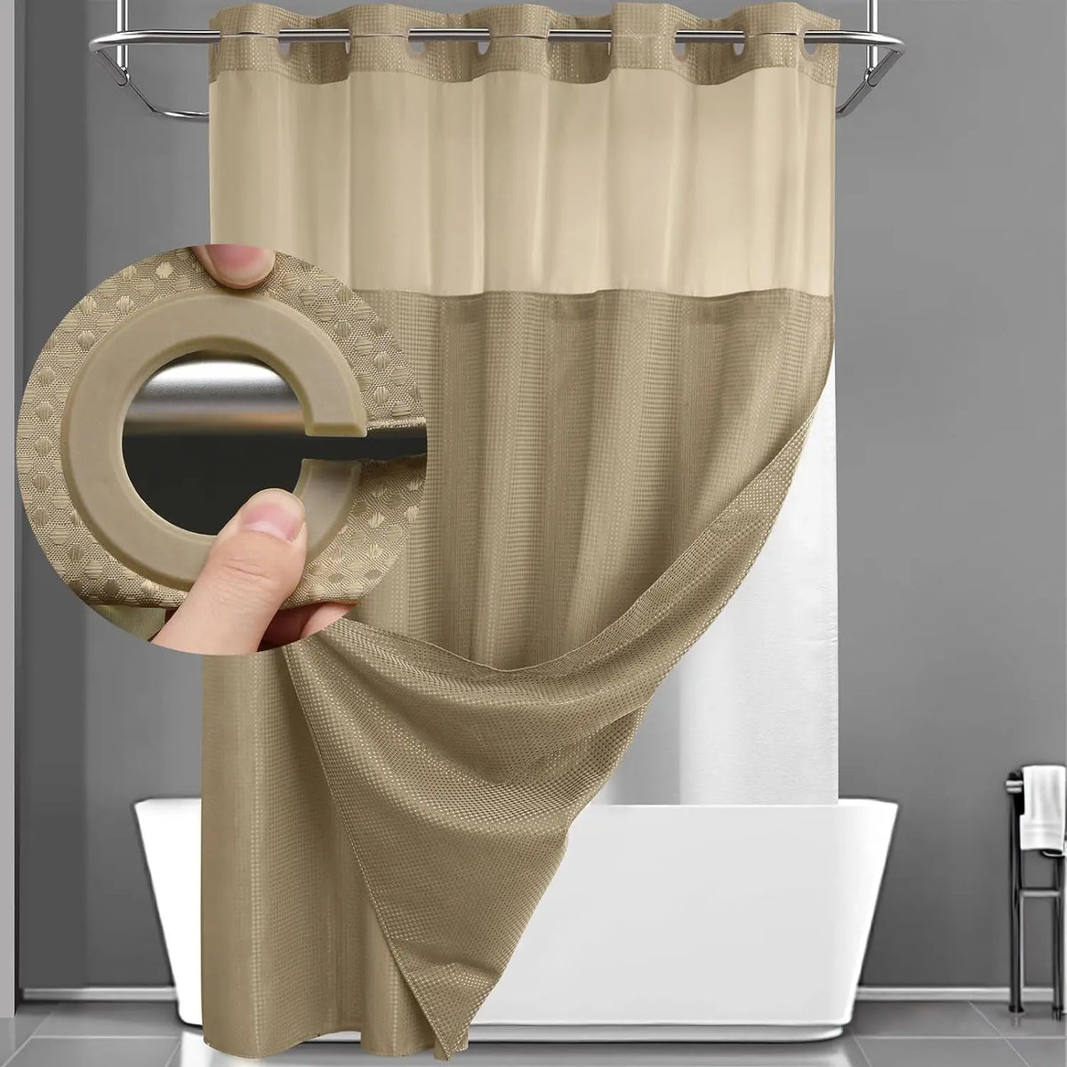 No Hook Washable Waffle Weave Shower Curtain with Snap in Liner -Waterproof Double Layer Shower Curtain With WashableInner Liner,  72 x75 Inch Showercurtain