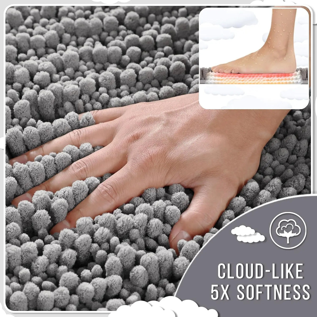 Pet Plush Chenille 3-Piece Rectangle Bathroom Floor Mat Set - 24.4"x20.4", 31.5"x19.8", 44.1"x24" Mats, Fluffy, Super Absorbent, Quick Dry, Non Slip Hot-Melt Adhesive Backing, Easy to Clean, Extra Thick Shaggy, for Toilet, Indoors, Grey (Pet Supplies)