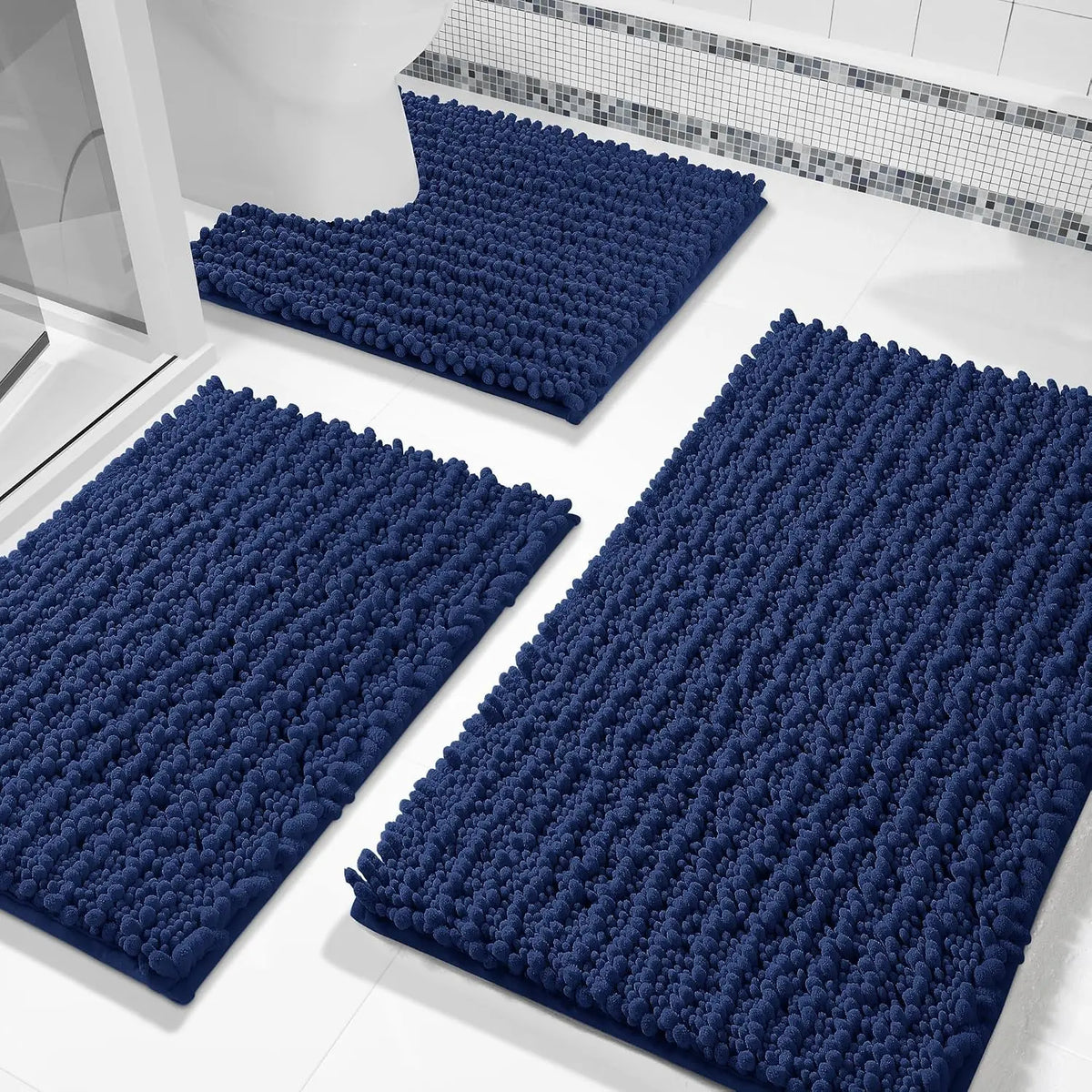 Pet Plush Chenille 3-Piece Rectangle Bathroom Floor Mat Set - 24.4"x20.4", 31.5"x19.8", 44.1"x24" Mats, Fluffy, Super Absorbent, Quick Dry, Non Slip Hot-Melt Adhesive Backing, Easy to Clean, Extra Thick Shaggy, for Toilet, Indoors, Grey (Pet Supplies)