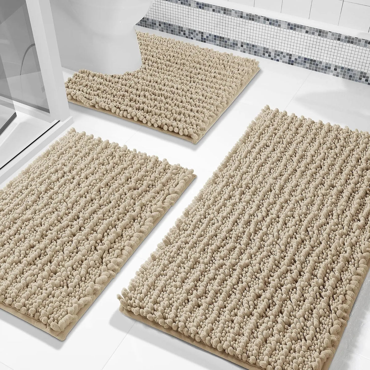 Pet Plush Chenille 3-Piece Rectangle Bathroom Floor Mat Set - 24.4"x20.4", 31.5"x19.8", 44.1"x24" Mats, Fluffy, Super Absorbent, Quick Dry, Non Slip Hot-Melt Adhesive Backing, Easy to Clean, Extra Thick Shaggy, for Toilet, Indoors, Grey (Pet Supplies)
