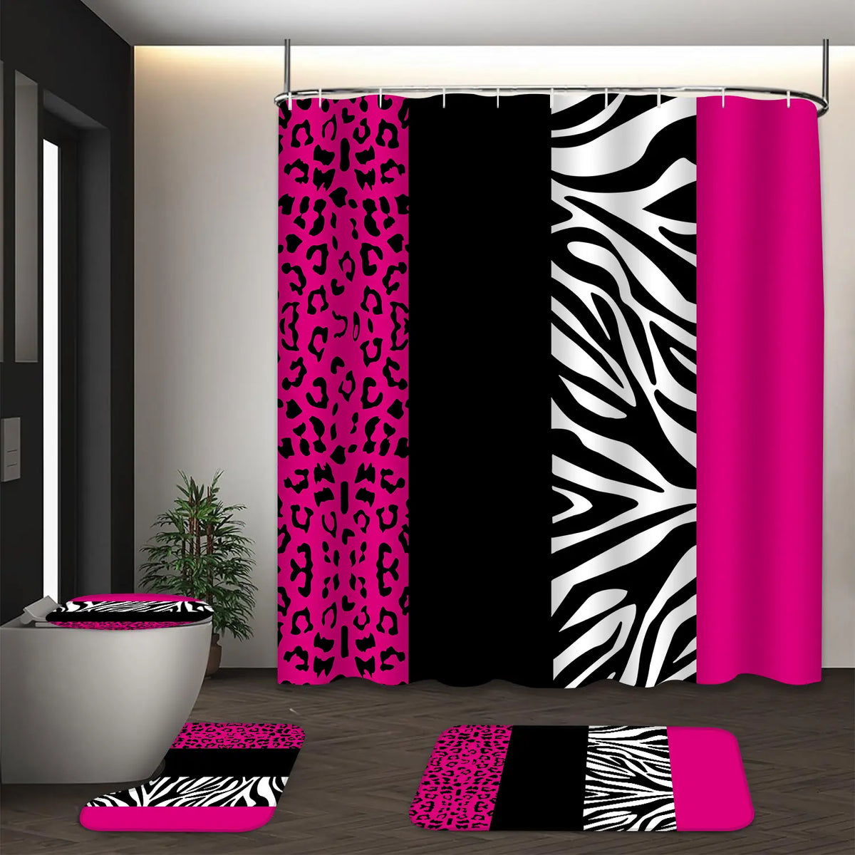 LVRLVR 4Pcs Leopard Zebra Print Bold Animal Print Multi-Color Bathroom Shower Curtain Set 70.8×70.8 Inch
