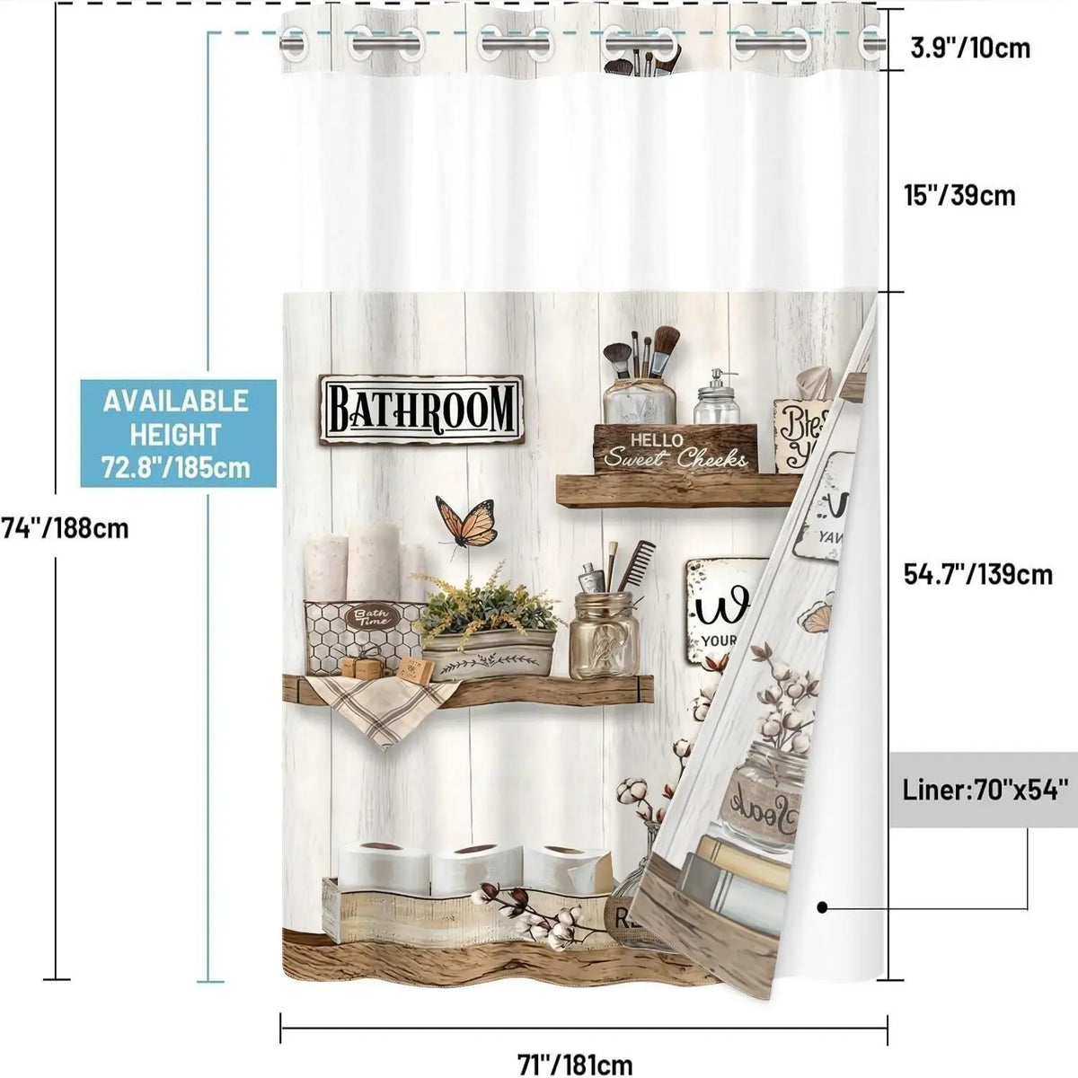 1Pc Double Layer Shower Curtain, Rustic Farmhouse Butterfly Print, Removable Snap-in Liner, Water Repellent Washable Fabric For Apartment Rental Bathtub Shower, 71x74 Inch, Shower Curtain No Hooks With Liner