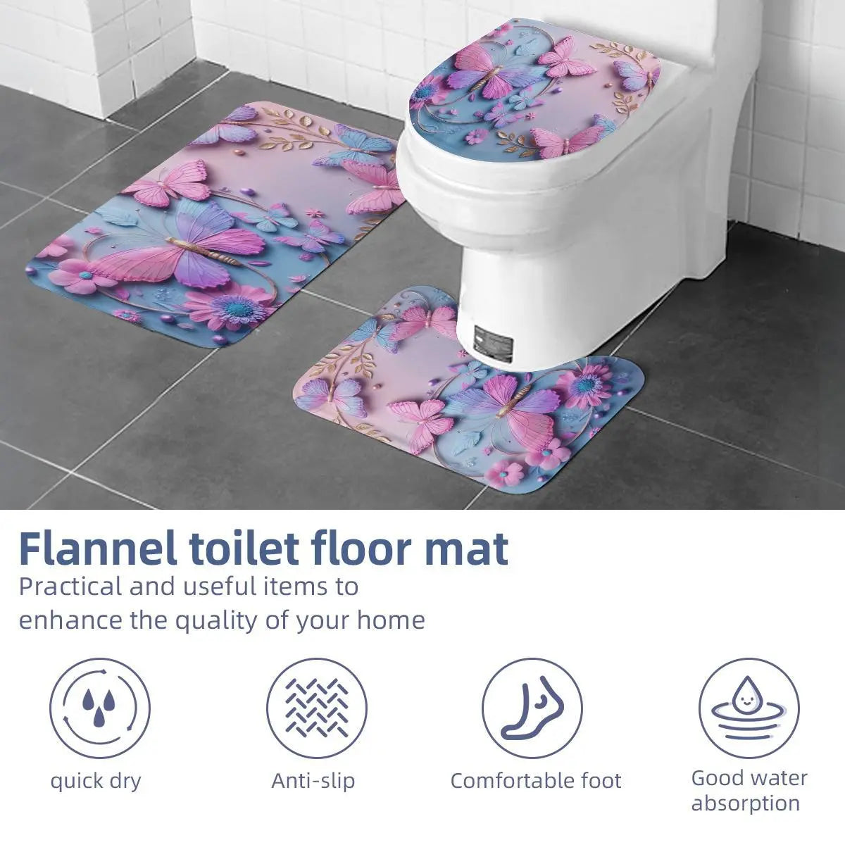 Fairycore Aesthetic 4-Piece Shower Curtain Panel Set Package - Includes Non-Slip Mat, Toilet Cover, 12 Hooks, Shower Curtain Art - Soft Girl Home Vibe Restroom Bath Decor Home Supplies