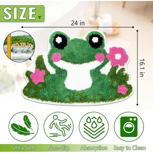 Frog Bathroom Decor, Cute Frog Small Bath Mat 16x24 Inch, Cute Bathroom Decor, Green  Non Slip Absorbent Soft Washable Bath Mat for Tub, Bathtub, Shower Room, Bedroom