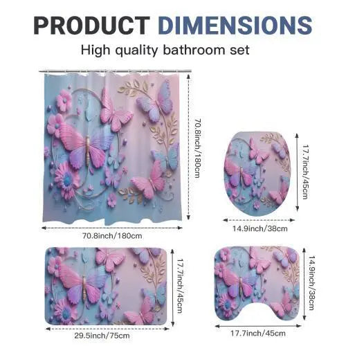 Fairycore Aesthetic 4-Piece Shower Curtain Panel Set Package - Includes Non-Slip Mat, Toilet Cover, 12 Hooks, Shower Curtain Art - Soft Girl Home Vibe Restroom Bath Decor Home Supplies