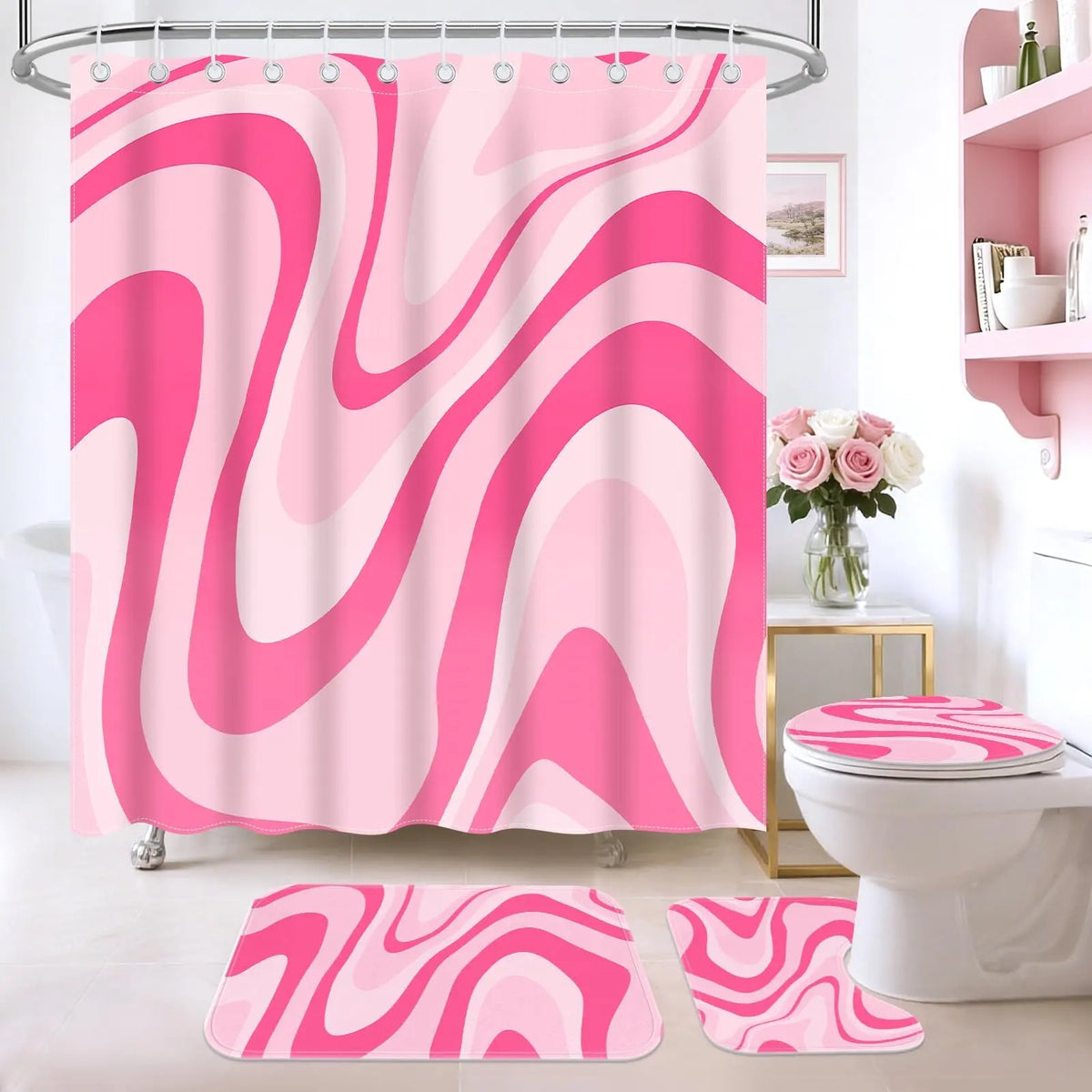 Girly Pink 4-Piece Thick Flannel Waterproof Bathroom Set - Anti-Slip Rugs, U-Shaped Bath Mat, Toilet Lid Cover, Resistant Material, Multi-Room Home Bathroom Supplies, Sohochic, Four-Pieces