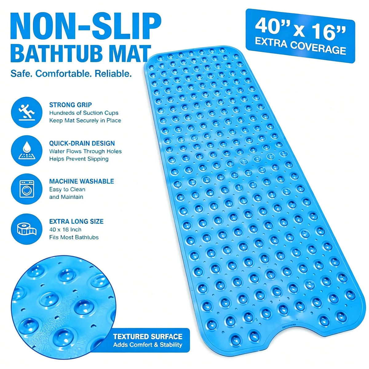 Bathroom Essentials Mat 40x16 Inch,Non Slip Mat With Strong Suction Cups,Large Machine Washable Shower Rug,Drain Holes Keep Tub Clean,Waterproof Mold Resistant Rubber PVC Mat,Blue Black Transparent Light Gray,Bathroom Supplies,Holiday Gift For Family, Bat
