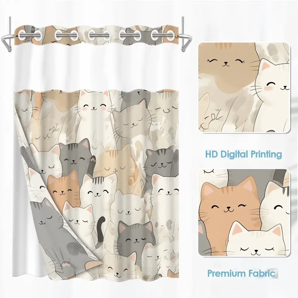 1pc hookless bathroom shower curtain no hooks with buckle lining, multi-colored densely arranged cat design, 2D flat printing, waterproof fabric lining, see-through double-layer shower curtain and liner, 71 x 74 inches, modern home draping curtain