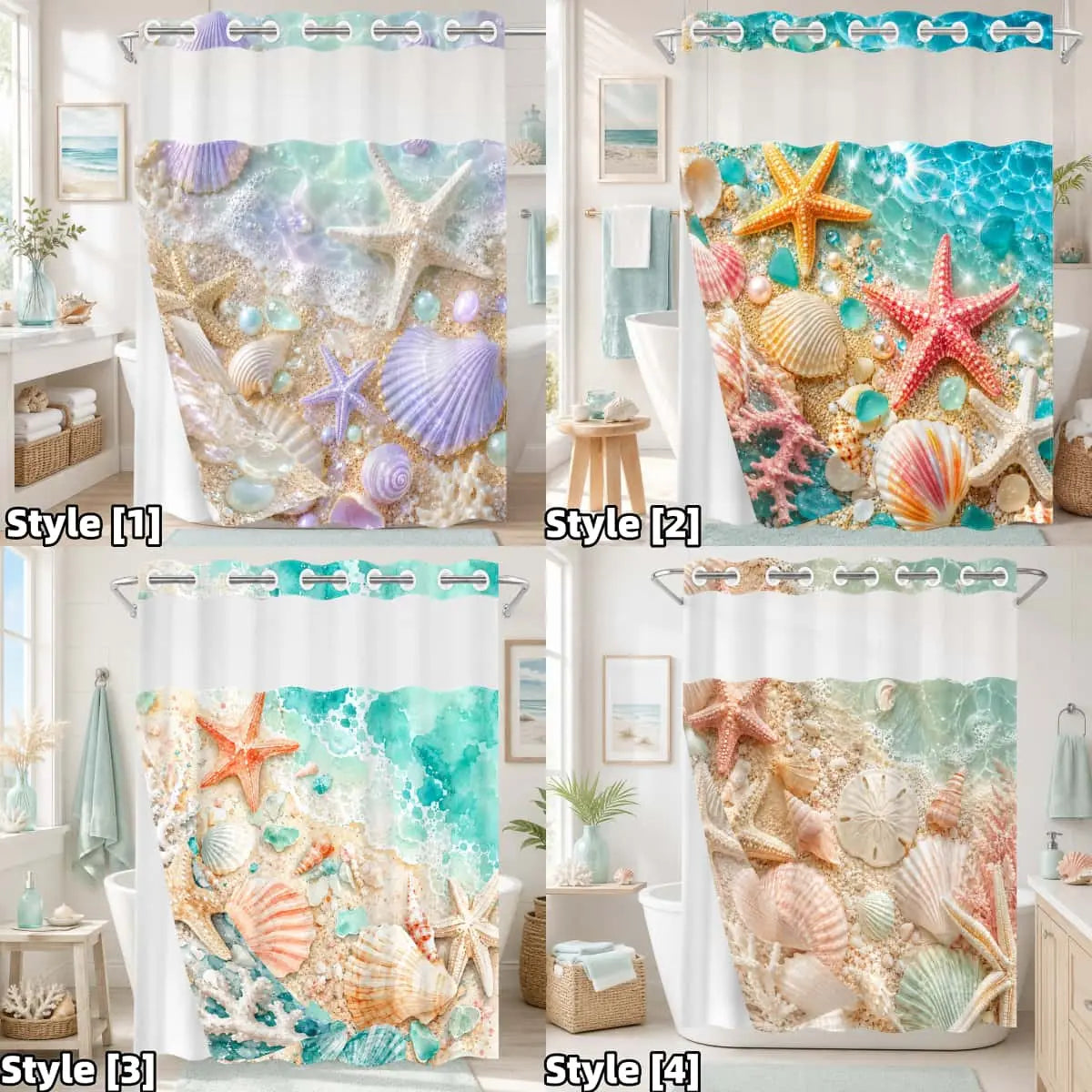 1Pc Hookless Double Layer Shower Curtain, Coastal Seashell Starfish Beach Print, Bathroom Makeover Decor Curtain, Water Repellent Washable Fabric, Removable Snap-in Liner, Top See-Through Window, For Apartment, Hotel, Guest Bath