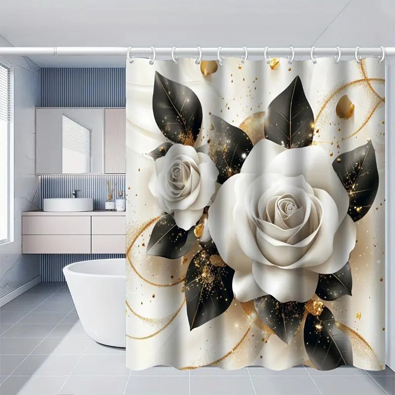 Gold Rose Animal Shower Curtain Set (1/4PCS) - 70.87x70.87in Polyester Hanging Garden Glam Bathroom Decor, Anti-Slip Waterproof White Gold Flowers Animals Set with Mat, U-Mat, Toilet Cover, 12 Hooks, Adjustable Foldable Art, Home Accessories, Sohochic