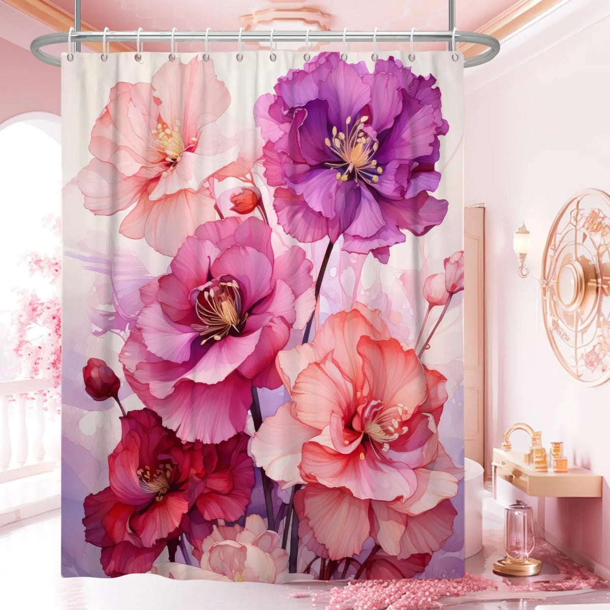 Pink Shower Curtain for Bathroom Rose Pink Floral Shower Curtain Set with Hooks Abstract Purple Pink Flowers Bathtub Decor Waterproof Fabric Curtains 72x72inches