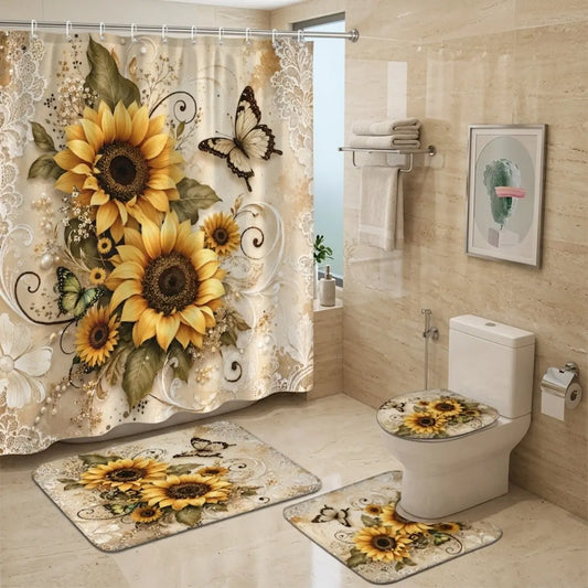 4pcs Sunflower and Butterfly Bathroom Decor Set, Vintage Parchment Floral Shower Curtain, Elegant Rustic Farmhouse Accessories, Farmhouse Shower Curtains for Bathroom