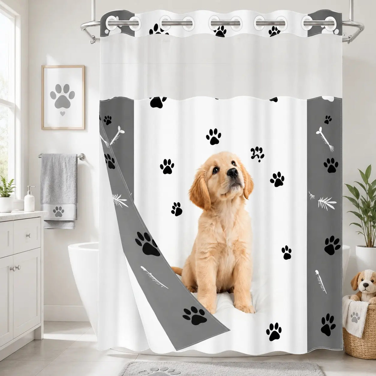 1pc hookless shower curtain with liner, black, white cat paw decorative design 2D printing, fabric waterproof liner, see-through window, double-layer, 71 x 74 inches, modern home decoration, Shower Curtain No Hooks With Liner