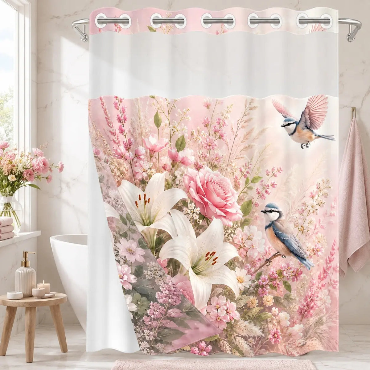 Blue Lily Rose Bird No Hook Shower Curtain Floral with Snap-In Liner, Double Layer Waterproof, Sheer Mesh Top, Removable White Liner, Machine Washable, Farmhouse Garden Decor, Hotel, Dorm & Home Bathroom Accessory, 72 x 74 Inches