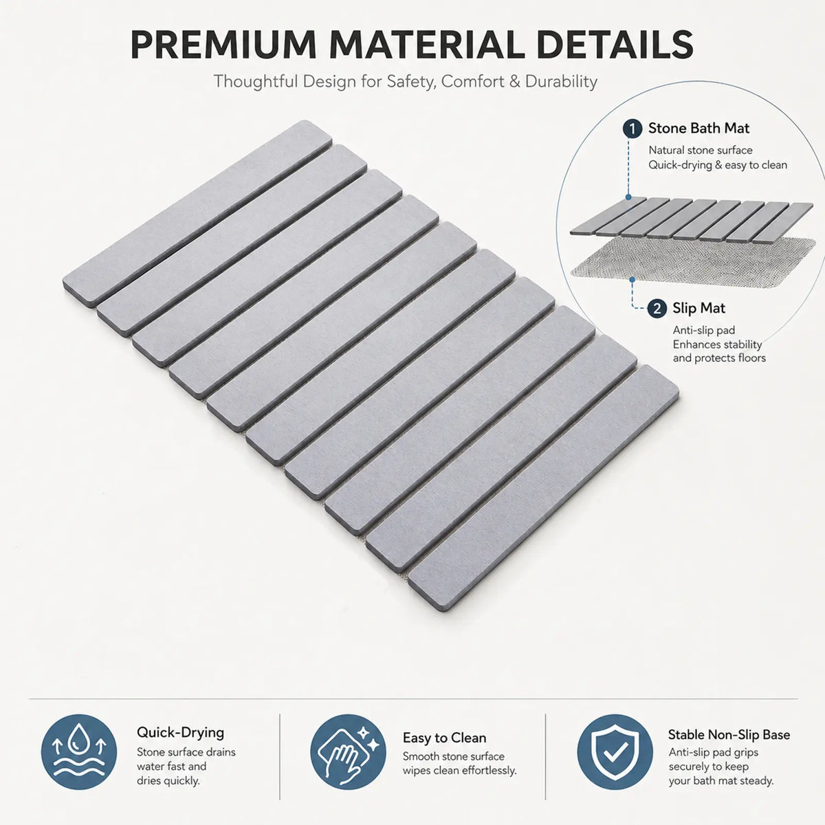 Large Slatted Minimalist Natural Stone Diatomaceous Earth Bath Mat - 24x16in Water Absorbent Quick-Dry Shower Rug, Heat Resistant, Durable, Eco-Friendly Bathroom Accessory, Box Packed, Sohochic