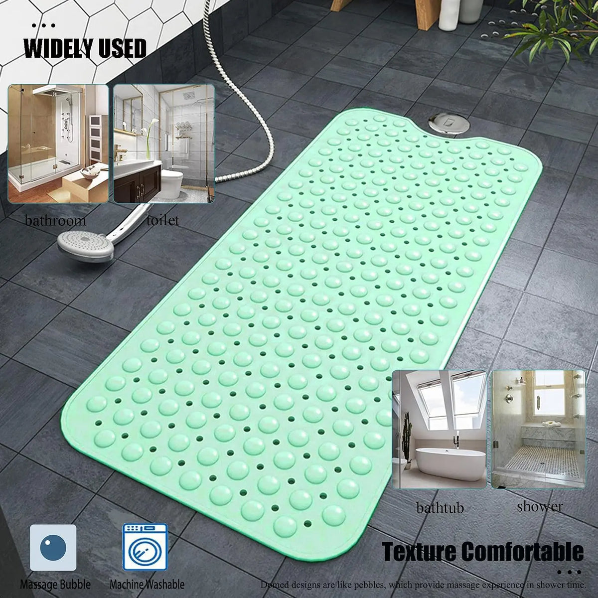 Shower Floor Mat 40x16 Inch,Non Slip Bath Mat With Firm Suction Cups,Extra Large Machine Washable Bathtub Rug,Drain Holes Keep Tub Clean,Waterproof Mold Resistant Rubber PVC Mat,Blue Black Transparent Light Gray,Home Essentials For All Ages Family
