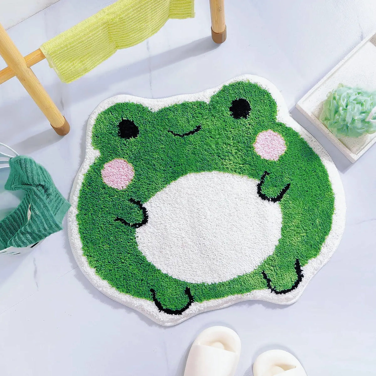 Cute Round Fluffy Frog Bath Mat - Non-Slip, Crazy Absorbent Soft Microfiber Bathroom Rug, 21.65x24.8in(55x63cm) Shaggy Green Indoor Mat, Machine Washable, Animals Themed, Gift for Frog Lovers, Modern Dorm Decor, Bagged, Sohochic