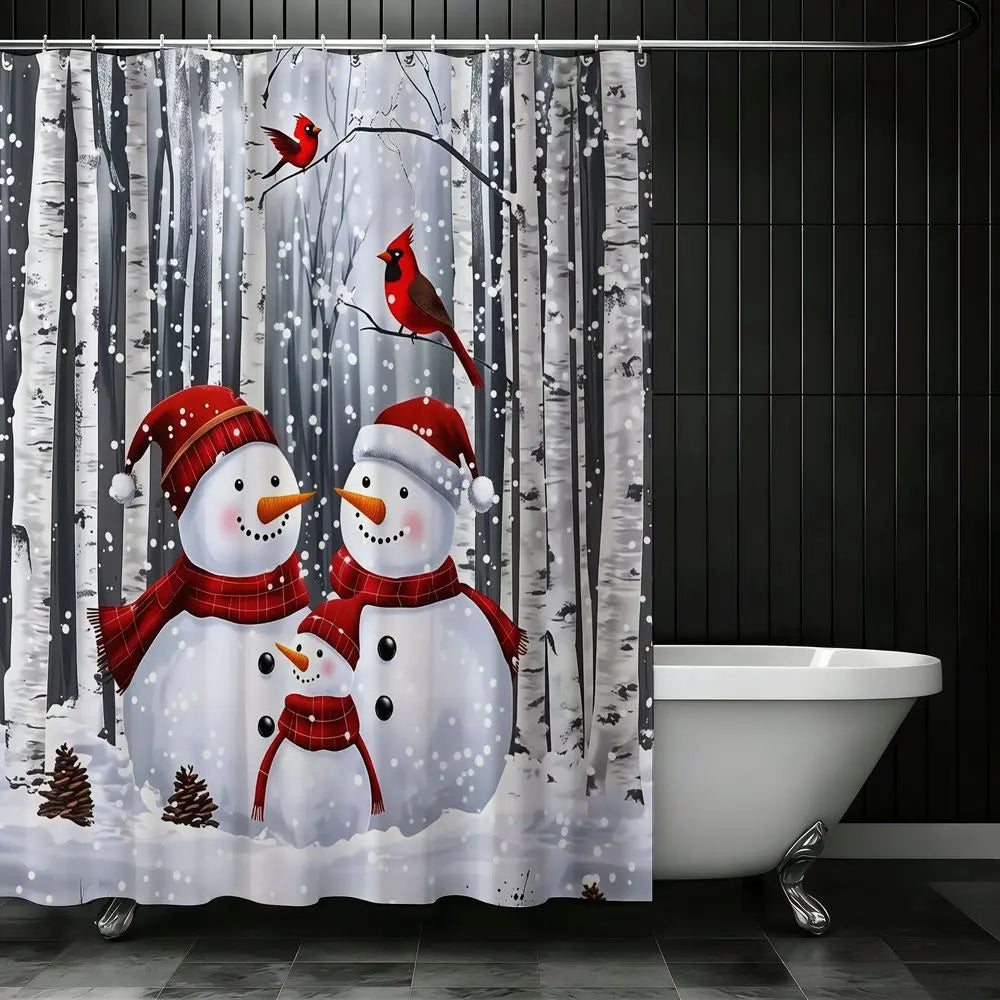4pcs Winter Snowman Decorative Shower Curtain Set, Cozy Christmas Bathroom Decor, Red Cardinal Forest Scene, Holiday Snowfall Print, TikTok Shop Trending, Festive Bathroom Makeover
