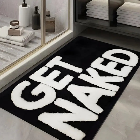 1-Piece Funny Bathroom Mat with "GET NAKED" Print, Soft Durable Water-Absorbent Flannel Rug, Black and White Design, Indoor and Outdoor Floor Mat for Bathroom, Living Room, and Bedroom, Home Decor and Holiday Gift