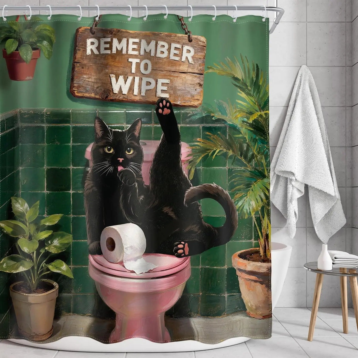 Funny Black Cat Shower Curtain - Cute Humorous Kitten On Toilet, Green Botanical Animal Artwork, Waterproof Polyester Cloth, Halloween/Birthday Bathroom Decor Set with Hooks, Water Resistant Animals Room Divider Curtain