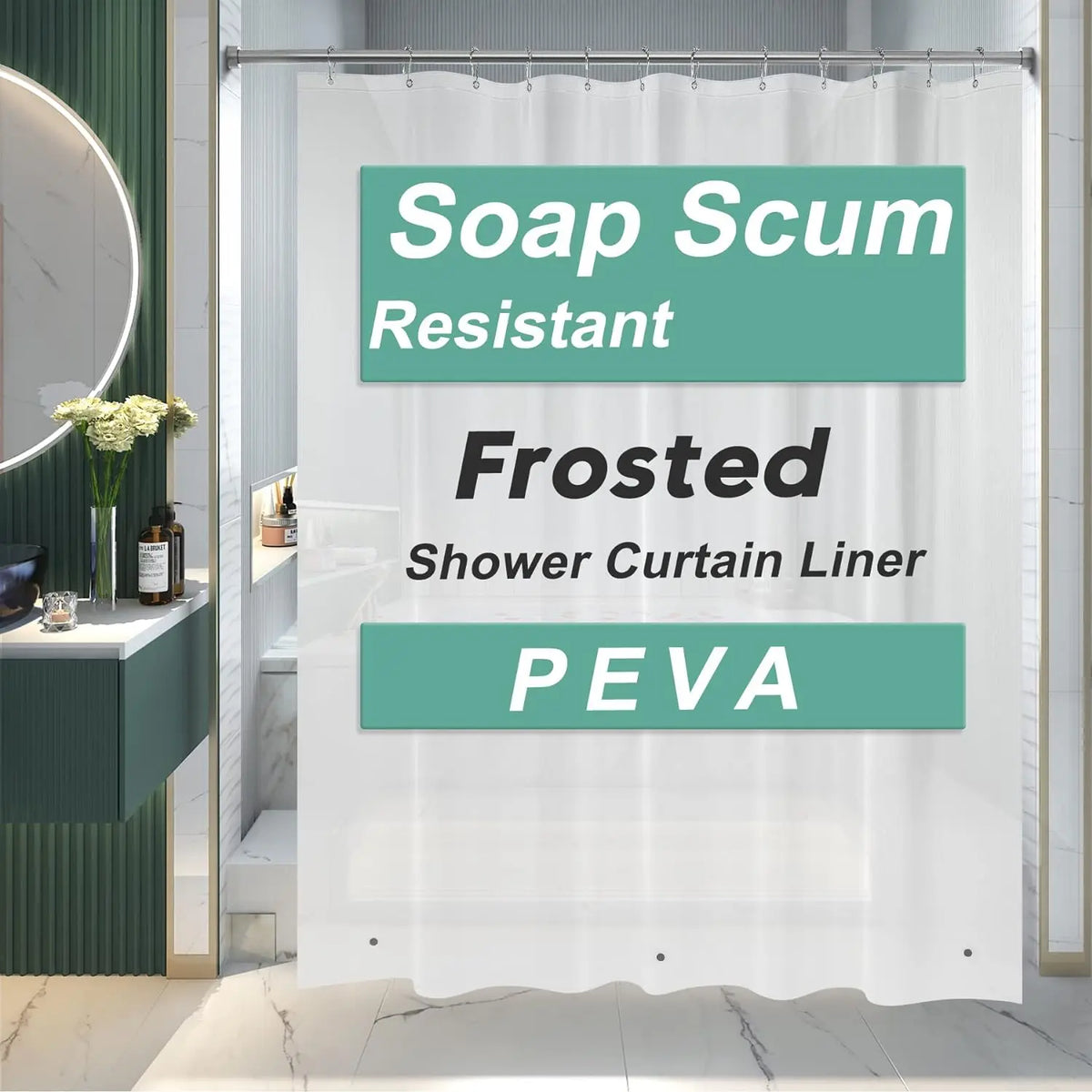 AmazerBath 3G PEVA Shower Curtain Liner - Lightweight Waterproof Plastic Bathtub Liner with Weighted Magnets, Decorative Metal Installation-Friendly Bathroom Accessory for Campers & Hotels, Fits Straight Rod, Enhances Waterproofing to Keep Floor Dry