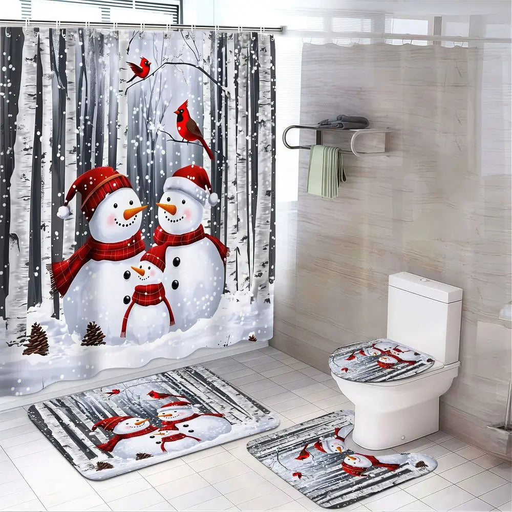 4pcs Winter Snowman Decorative Shower Curtain Set, Cozy Christmas Bathroom Decor, Red Cardinal Forest Scene, Holiday Snowfall Print, TikTok Shop Trending, Festive Bathroom Makeover