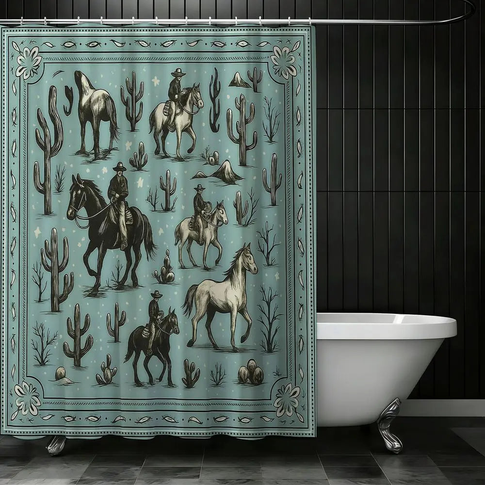 4pcs Western Cowboy Horse Cactus Shower Curtain Set, Decorative Shower Curtain, Boho Rodeo Bathroom Decor, Rustic Farmhouse Festival Style, Sage Green Southwestern Wild West Print