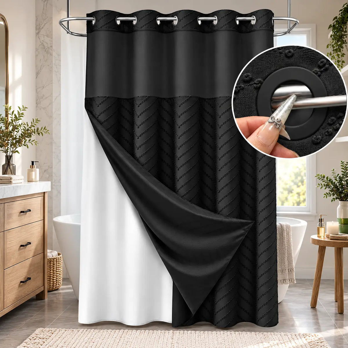 Hookless Shower Curtain with Snap-in Liner, Textured Bathroom Curtain Set, Built-in Plastic Rings, Water-Repellent Polyester Fabric, Machine Washable, 71 x 74 in