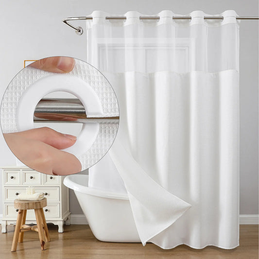Hookless White Polyester-cotton Shower Curtain, Double-layered Bathroom Curtain, Removable Inner Lining,Transparent Mesh Top Window, Modern Bathroom Decor,sohochic