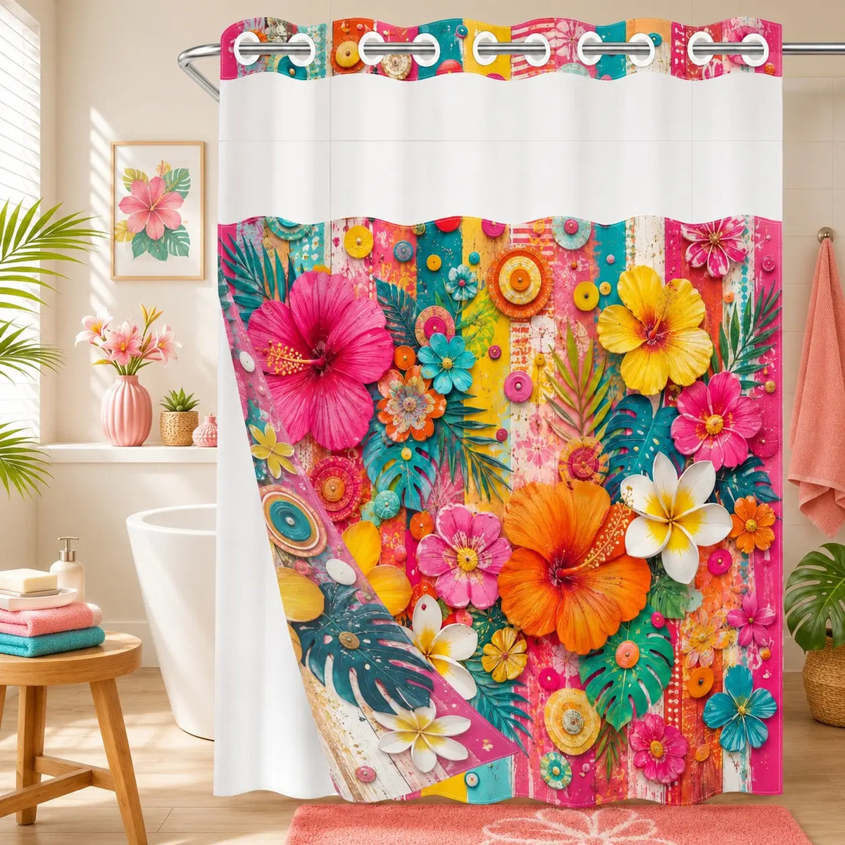 1PC/4PCS 2D Flat Printing Striped Floral Shower Curtain, Floral Shower Curtains For Bathroom, Printed Shower Curtain, home bathroom decor accessories, shower curtain set with 12 hooks, non-slip bathroom rug, U-shaped toilet seat cover